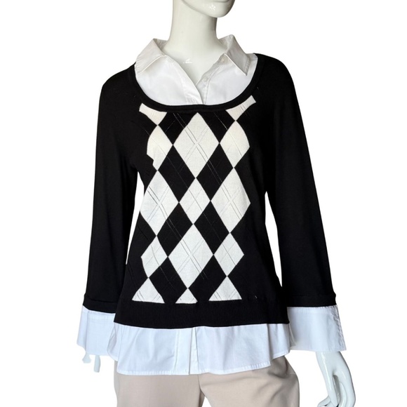 White House Black Market Layered Argyle Sweater Size Medium - Picture 3 of 5